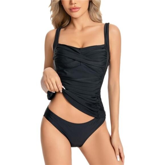 Halter Ruched Tummy Control Tankini – Two-Piece Bathing Suit - Picture 1 of 7
